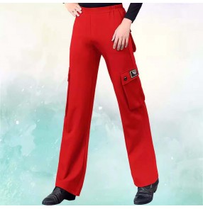 Red white black Ballroom latin dance pants for men youth tango waltz flamenco dance high-waisted trousers multi-pocket pants practice Latin dance clothes